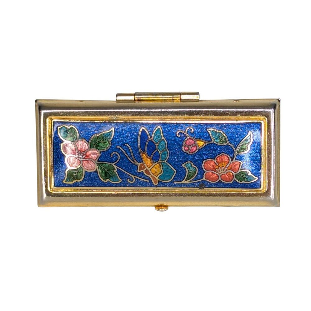 Vintage Cloisonne Enamel Lipstick Holder Mirror Case Butterfly Floral Gold Tone